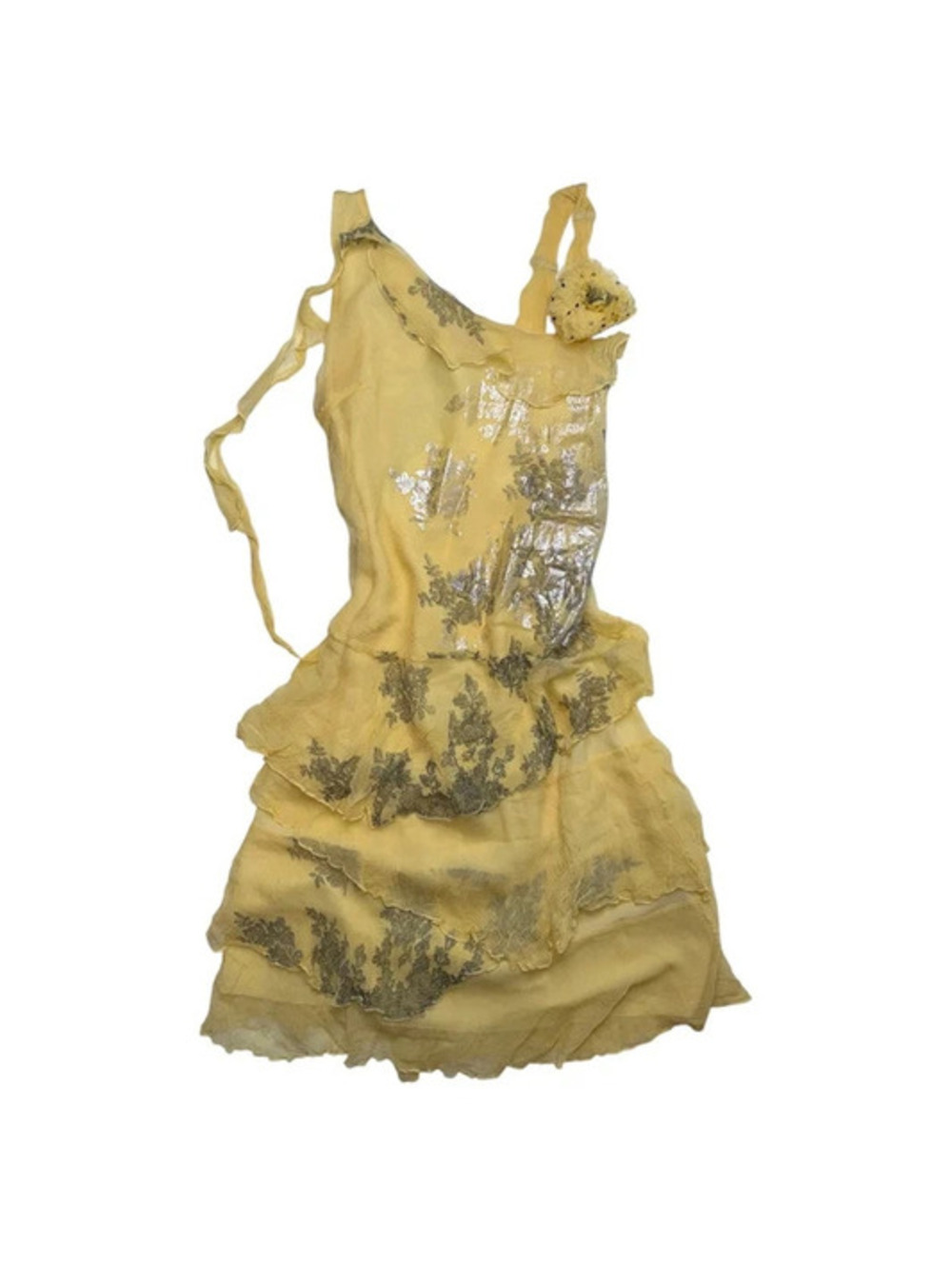Insane René Derhy Chiffon Dress Yellow Metallic Floral Print Tiered Ruffle Y2K